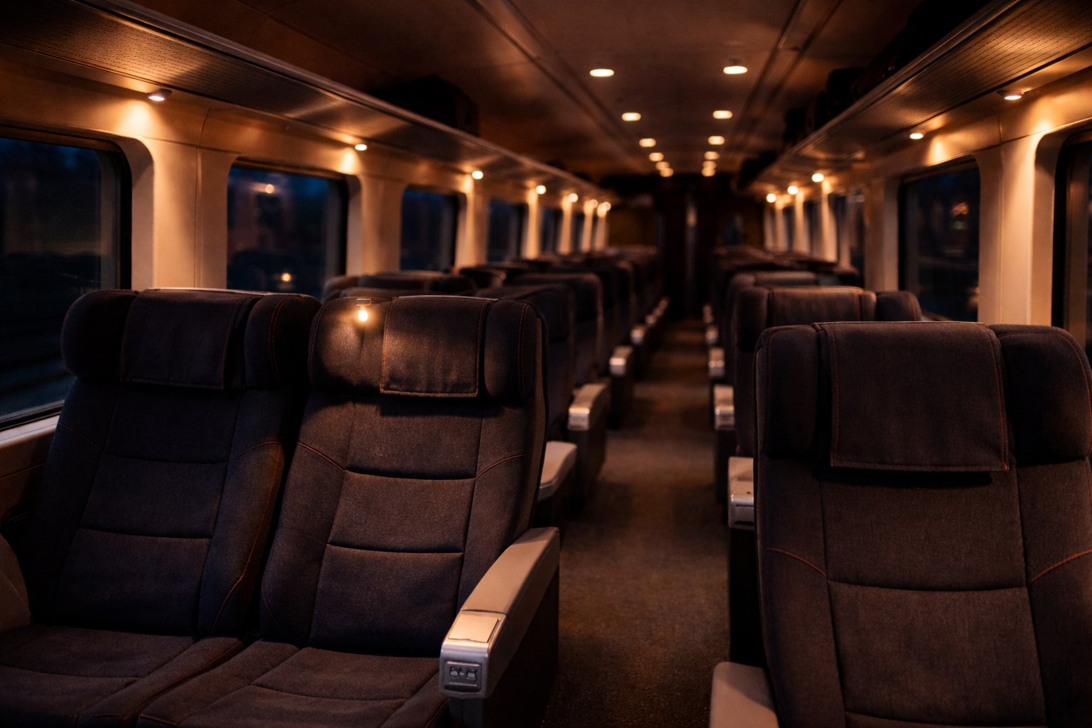 Interior of a Nightjet seating carriage at night — rows of dark upholstered reclining seats receding into perspective, warm amber overhead lighting, large windows showing dark passing landscape outside