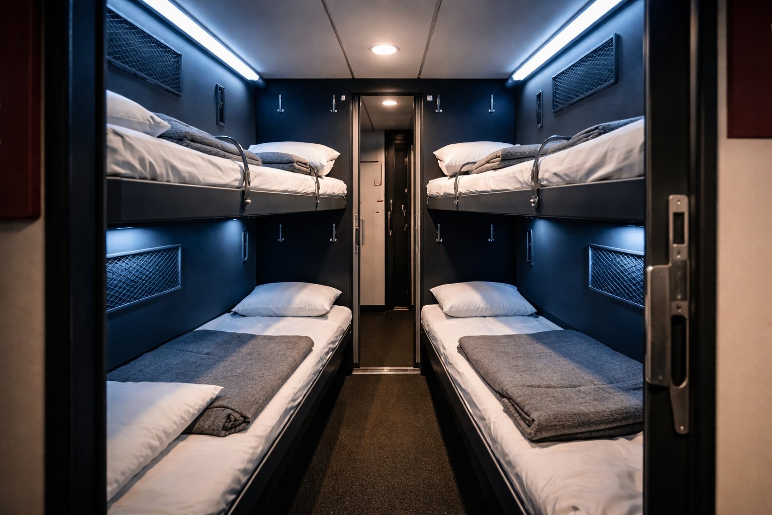 Interior of a Nightjet new-generation couchette compartment — three stacked berths on each side with crisp white pillows and grey blankets, deep navy blue walls with cool LED strip lighting, sliding door visible at far end