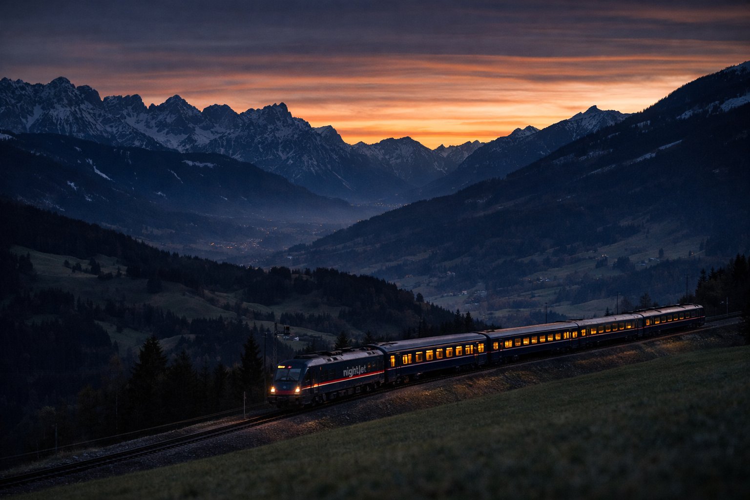 ÖBB Nightjet overnight train with glowing amber carriage windows travelling through an Alpine valley at dusk, dramatic orange and red sunset sky over snow-capped mountain peaks