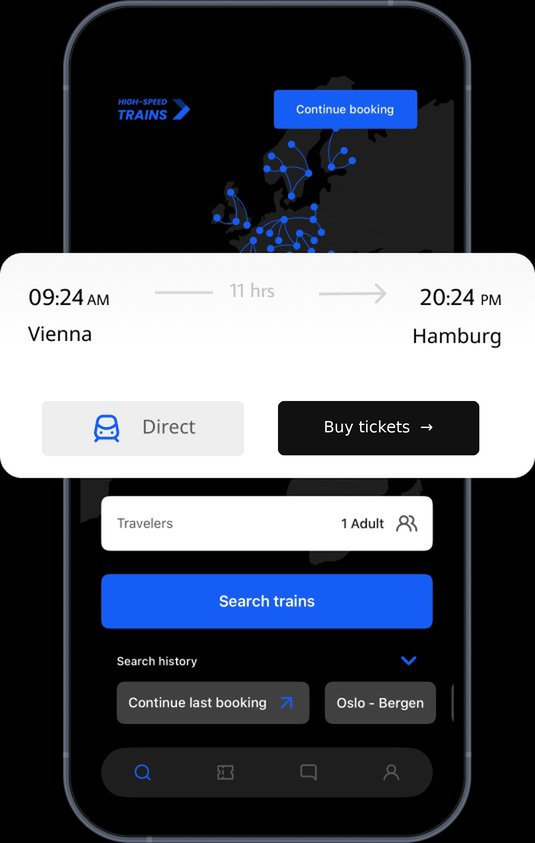 High-Speed Trains app showing Vienna to Hamburg train search