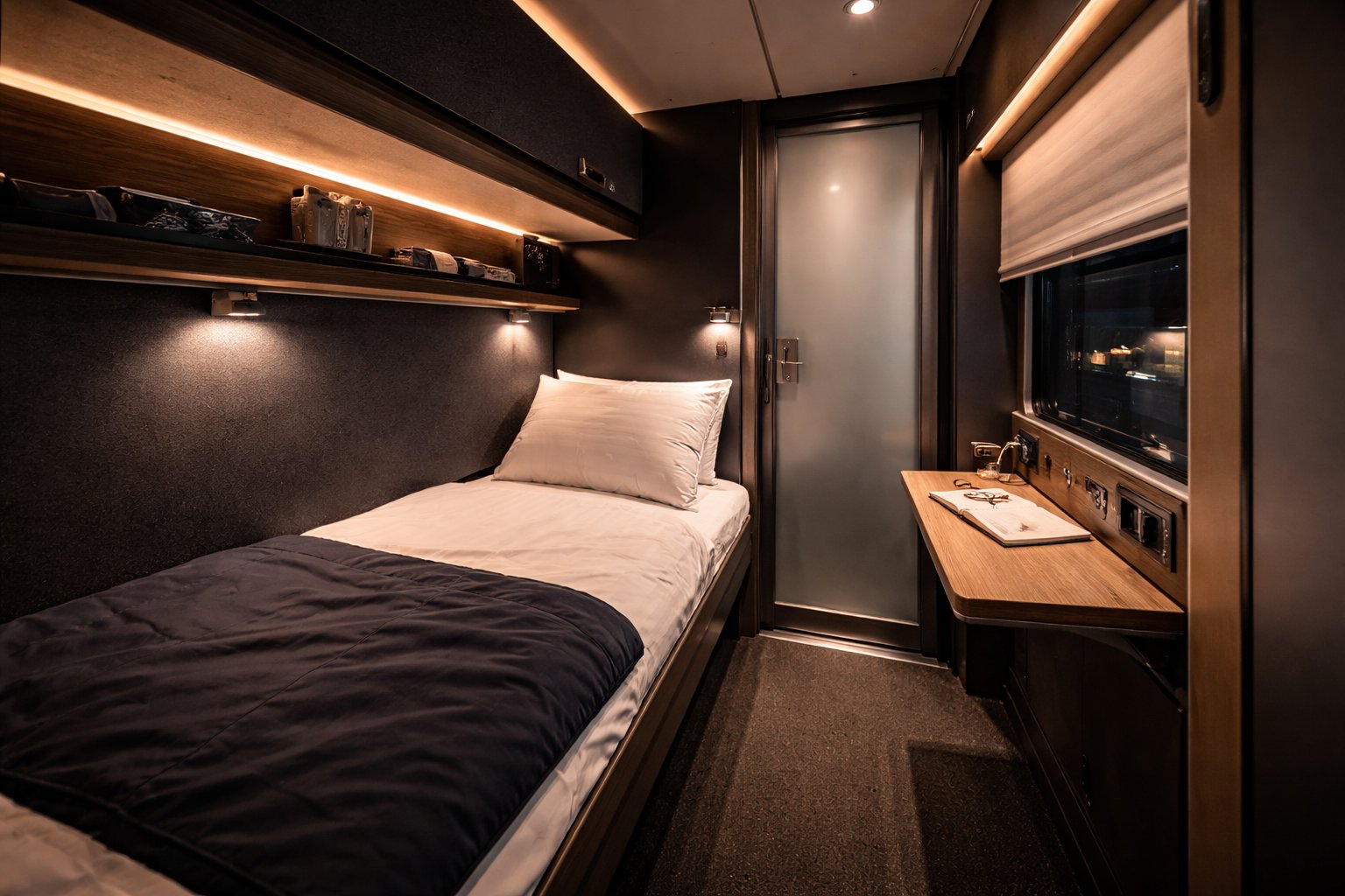 Interior of a Nightjet new-generation private sleeper cabin — full horizontal bed with crisp white linen and navy duvet, warm amber LED accent lighting, oak wood shelf above, fold-down oak desk with power sockets, frosted glass en-suite door, and window with roller blind showing night outside