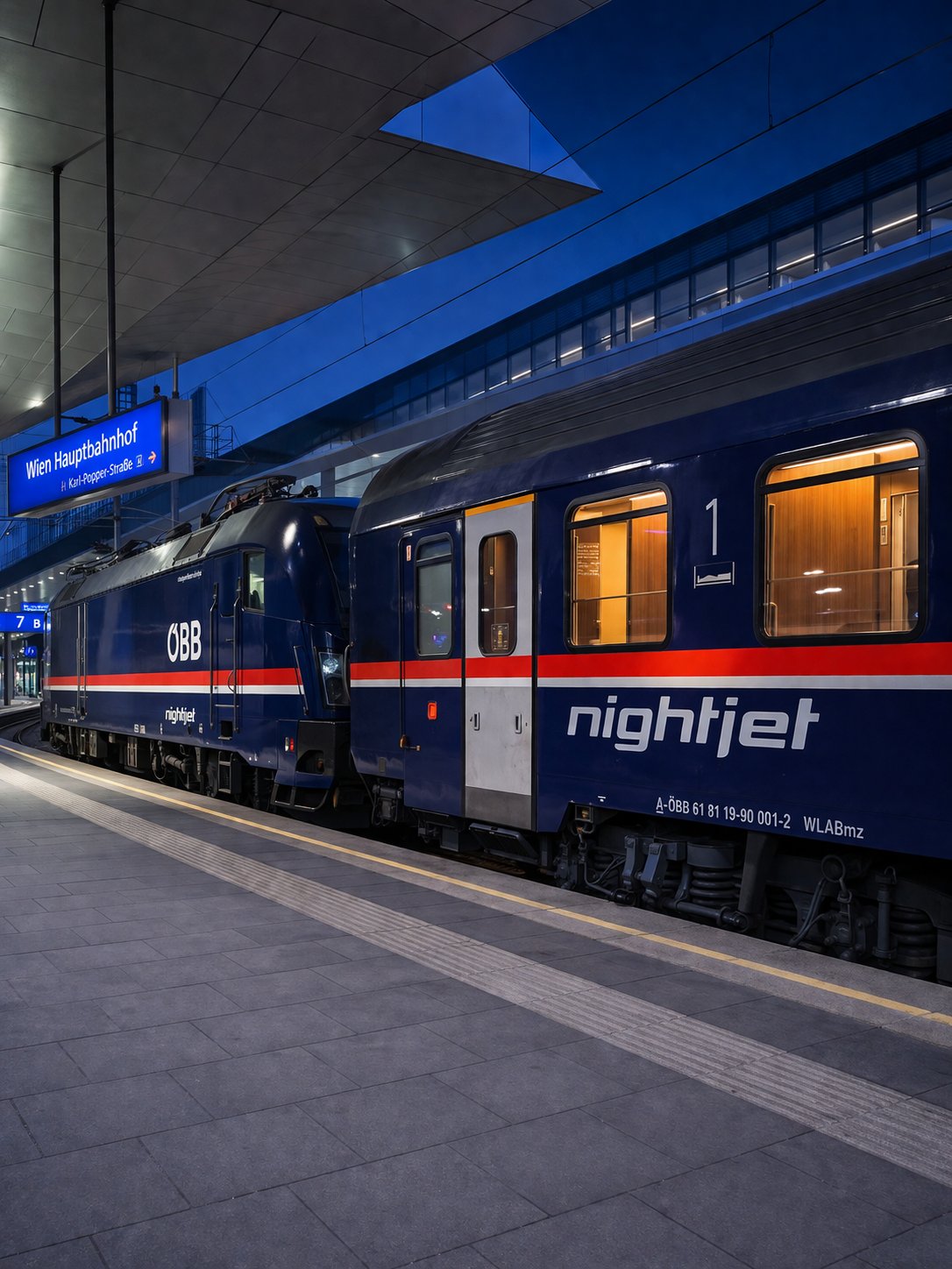 ÖBB Nightjet overnight train at Wien Hauptbahnhof platform at night — dark navy blue livery with bold red stripe, ÖBB locomotive on the left, warm amber light glowing from sleeper carriage windows