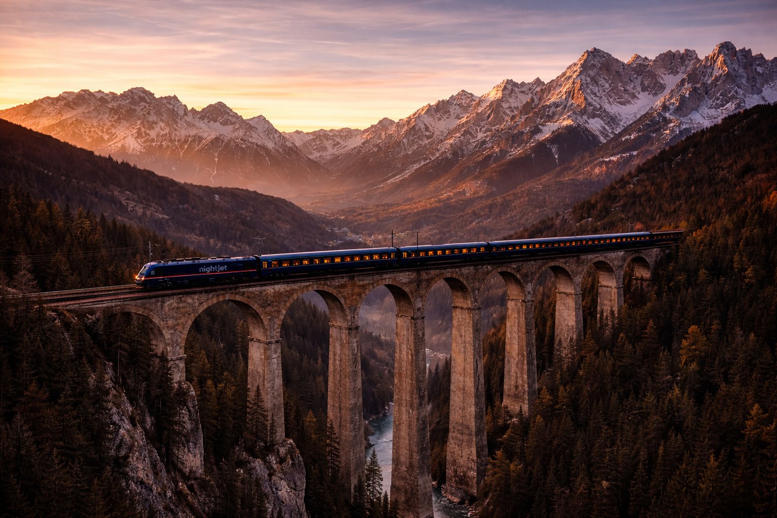 ÖBB Nightjet overnight train crossing a dramatic stone arch viaduct through the Austrian Alps at golden hour, amber-lit windows, snow-capped peaks and pine forests